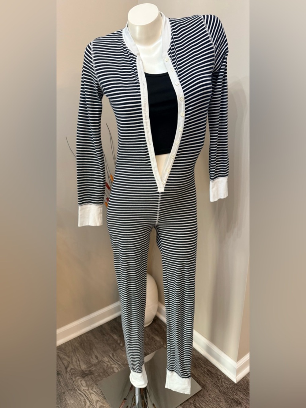 J Crew onesie pj Union striped Pajamas Sz XS Navy Blue & White one piece